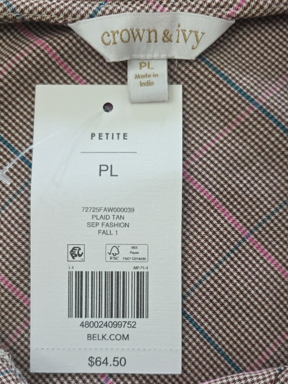 crown & ivy Tan Plaid Blouse with Pink and Blue Accents - Picture 2 of 6